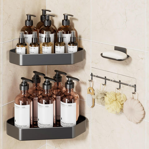 Veken aluminum corner shower caddy shows corner storage for shampoos and soaps.