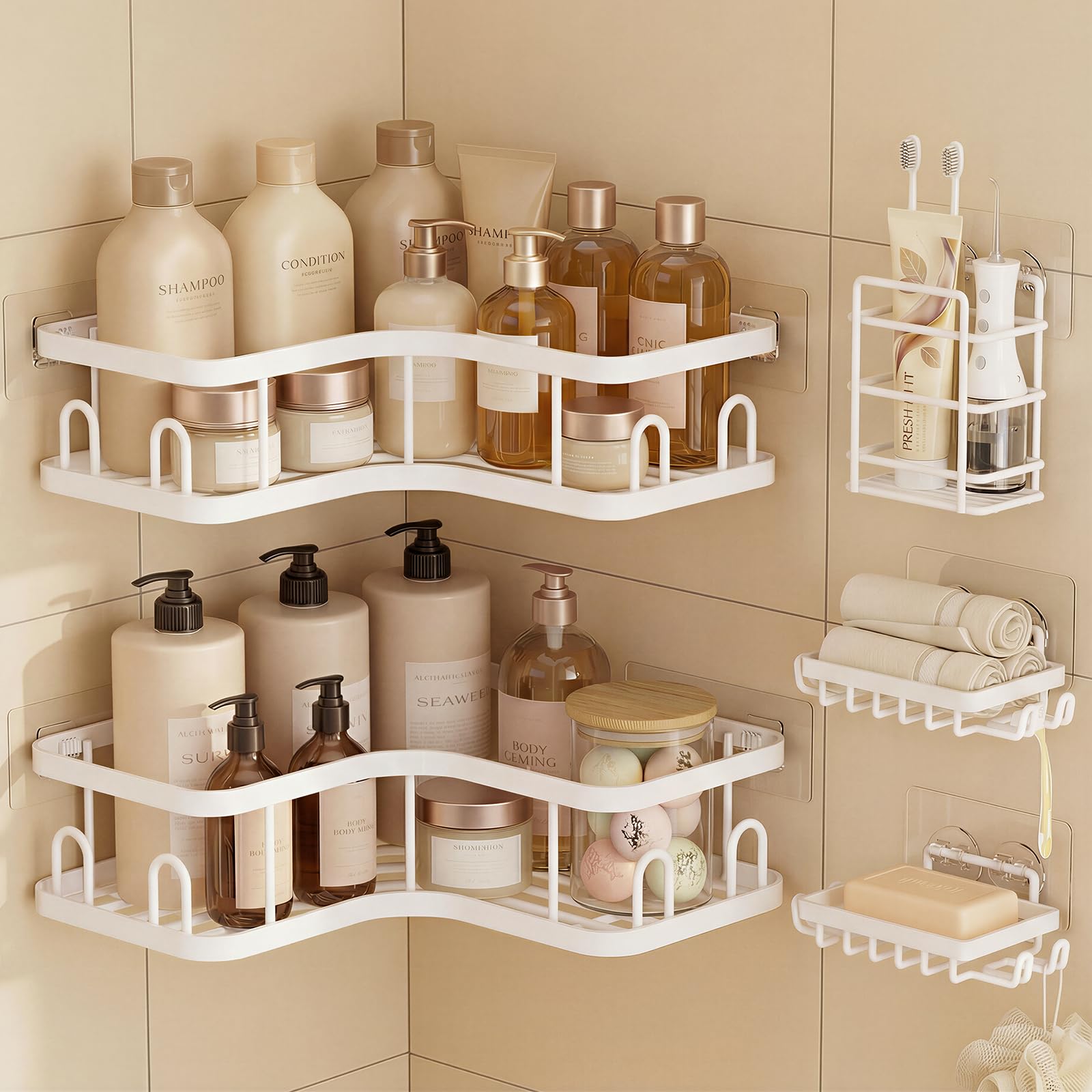 Veken corner shower caddy assembly demonstrates quick setup for bathroom organization.