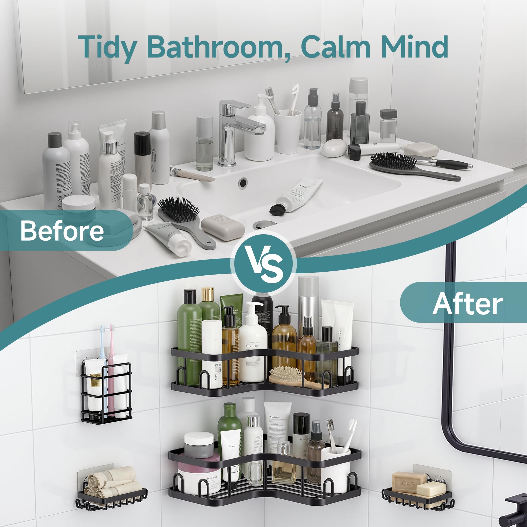 Veken caddy with hooks and soap dish for daily routines.