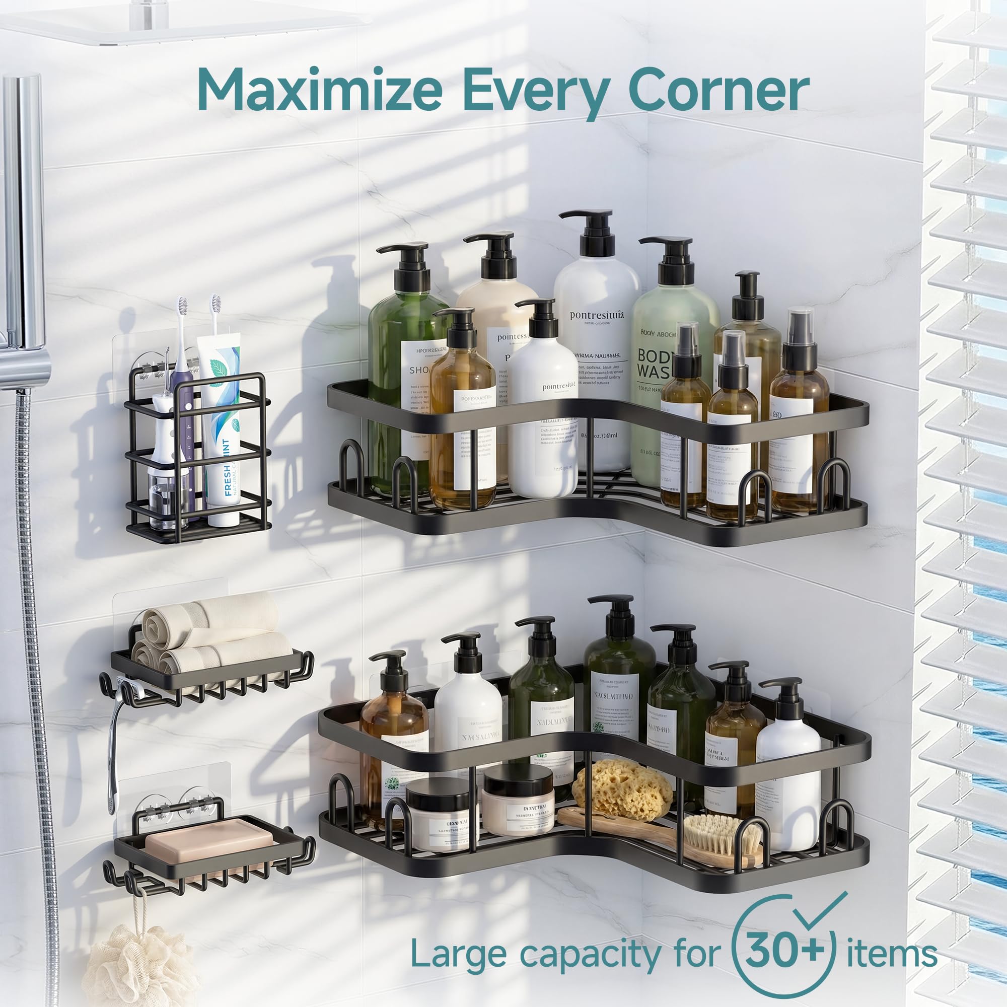 Veken corner shower caddy installed on wall demonstrates clutter-free organization.