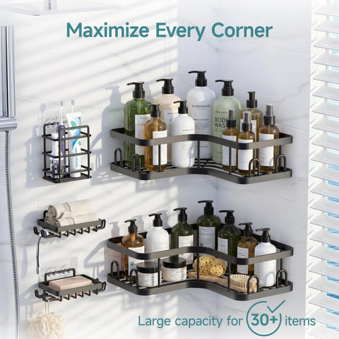 Veken corner shower caddy installed on wall demonstrates clutter-free organization.