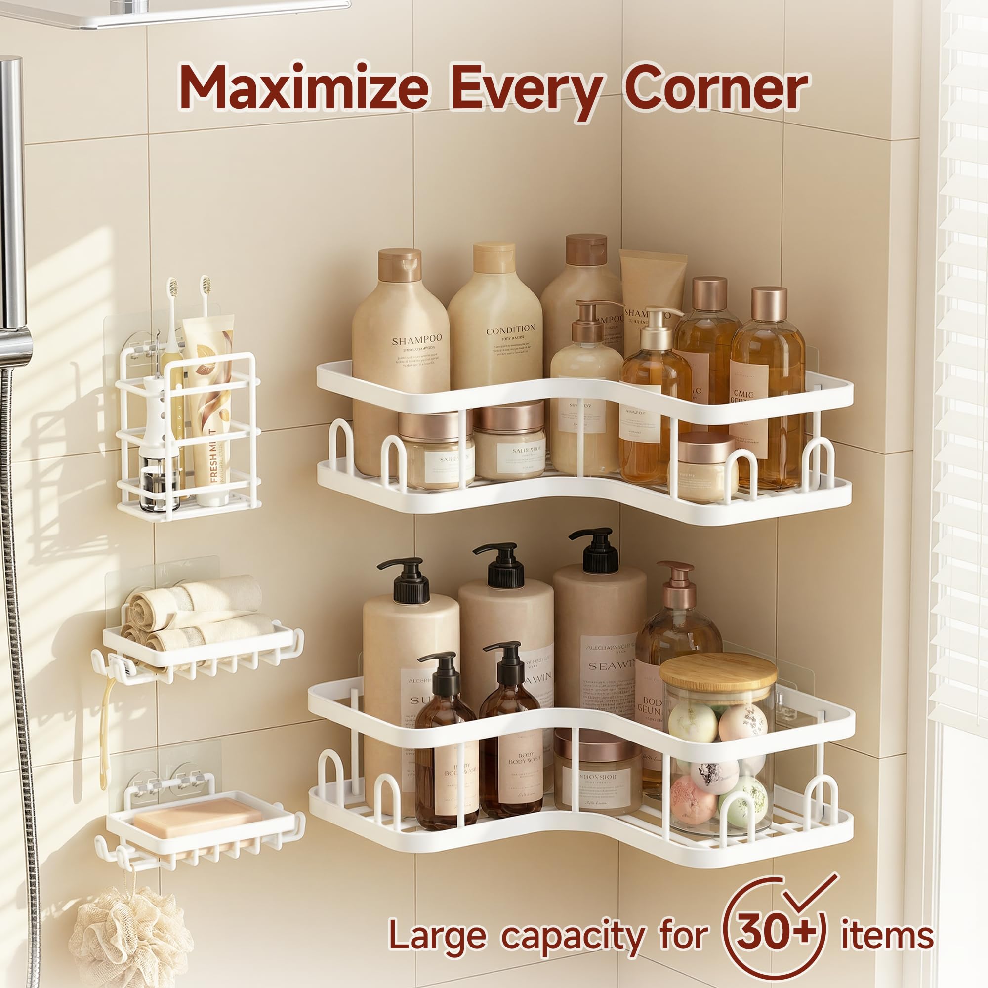 Veken corner shower caddy large capacity holds bottles, brushes, and razors.