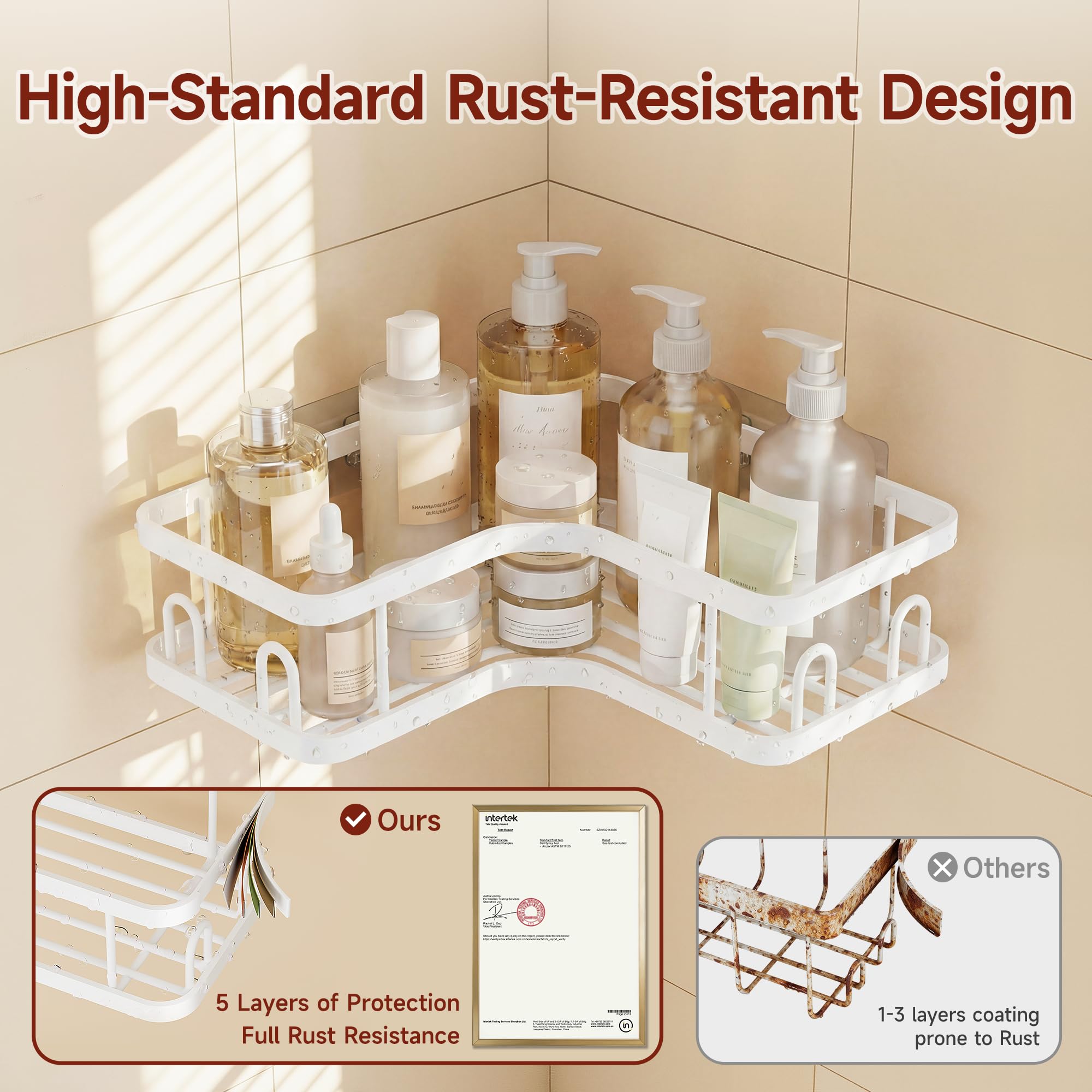 Veken corner shower caddy rustproof design resists humidity in showers.