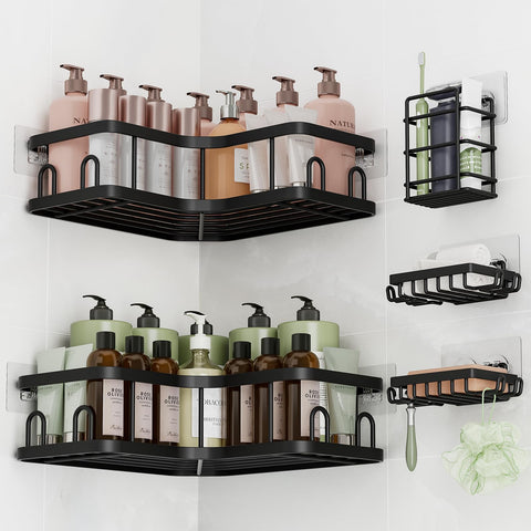 Veken corner shower caddy top view highlights space-saving L-shape design for tight bathrooms.