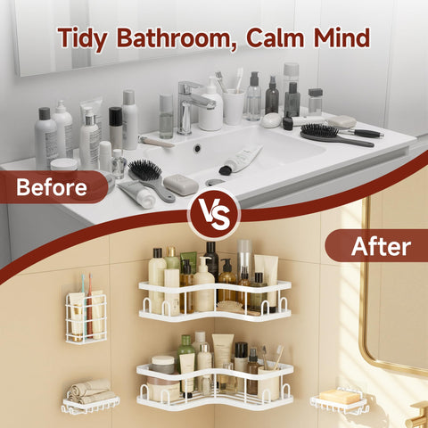 Veken corner shower caddy wall-mount keeps bathroom surfaces clutter-free.