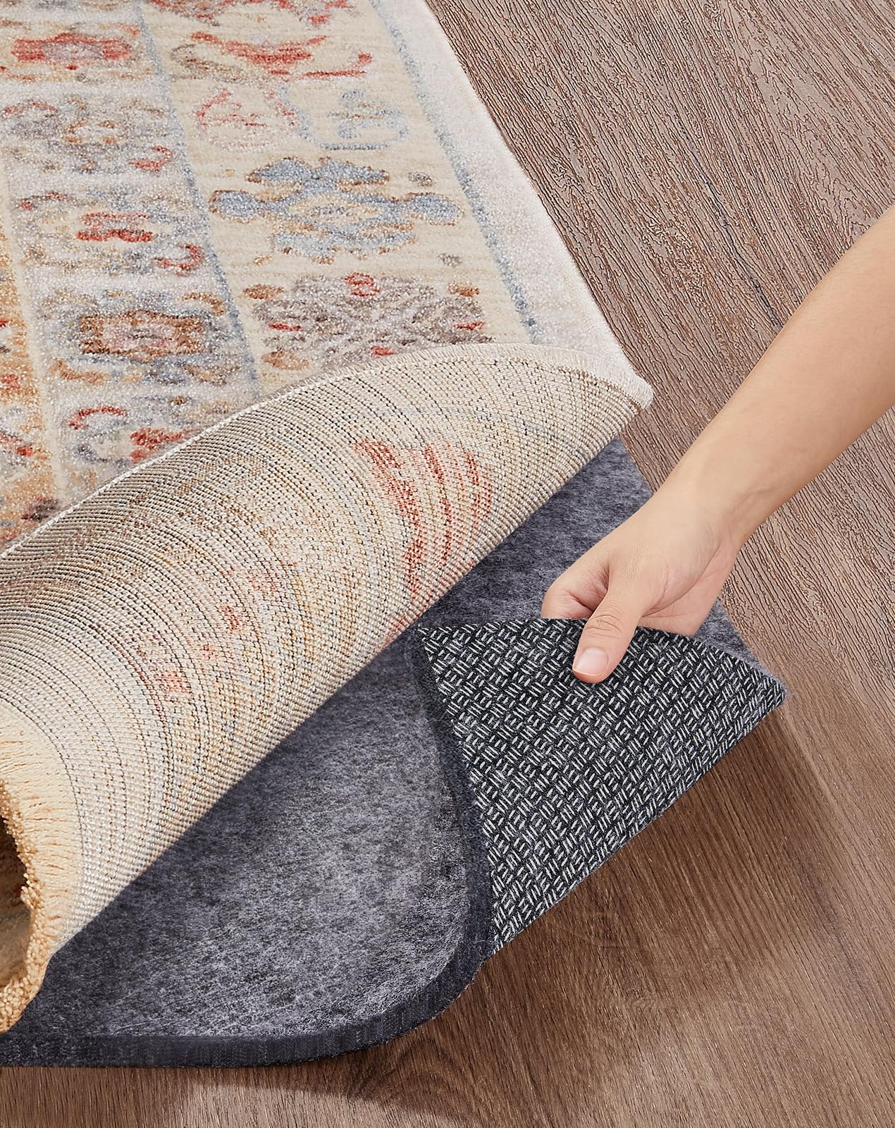 Veken non-slip rug pad 2x10 ft on hardwood floor keeps rugs in place.