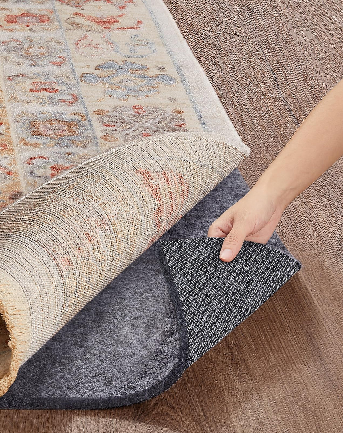 Veken non-slip rug pad 2x10 ft on hardwood floor keeps rugs in place.