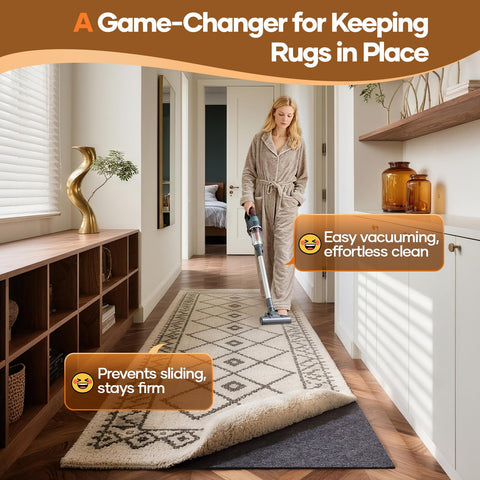 Veken rug pad close-up shows felt backing for soft surface and floor protection.