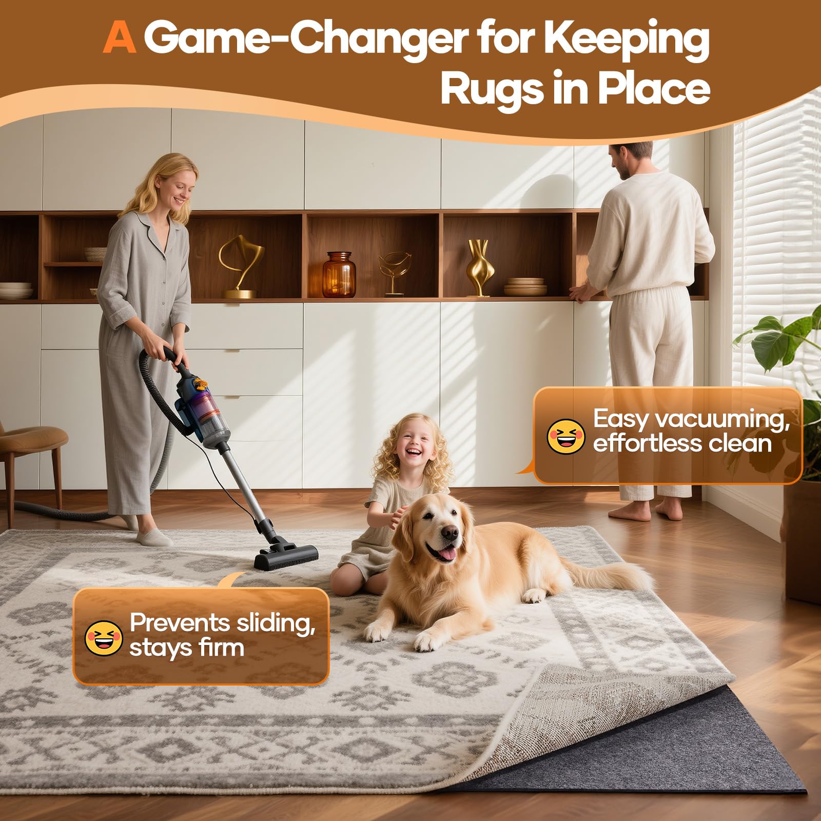 Veken cushioned rug pad with four thickness options enhances underfoot comfort.