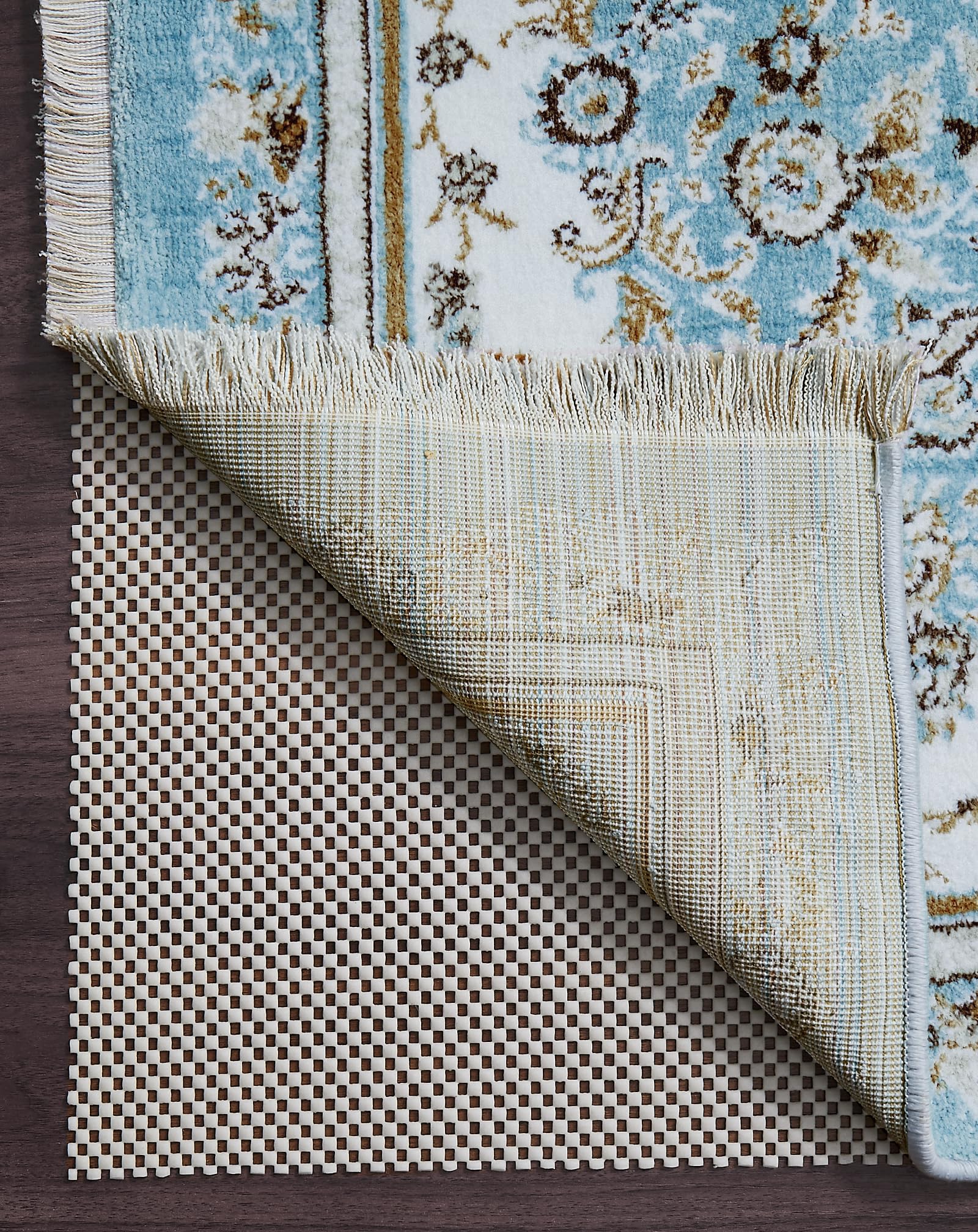 Veken rug pad gripper on hardwood floor provides non-slip stability for area rugs