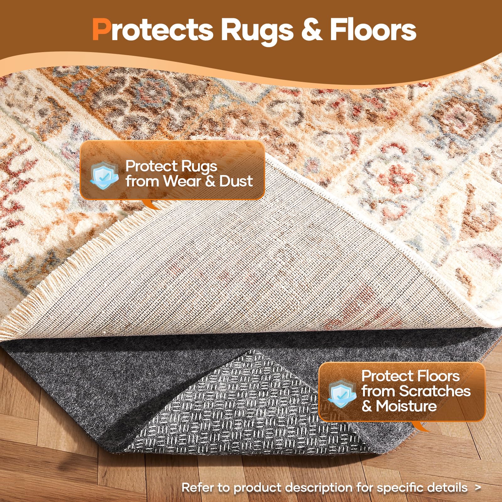 Veken rug pad under rug demonstrates grip and secure placement.