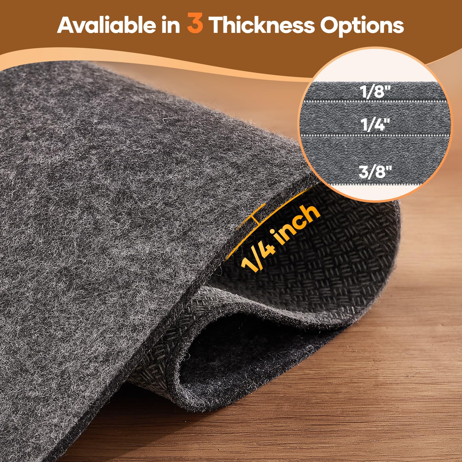 Diagram of Veken rug pad thickness options showing four cushion levels.