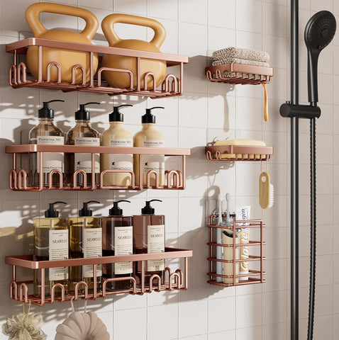 Veken 6-pack rose gold shower caddies keeps shower essentials organized.
