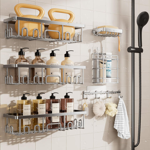Veken 6-piece shower caddy set seen from above for organized bathroom storage.