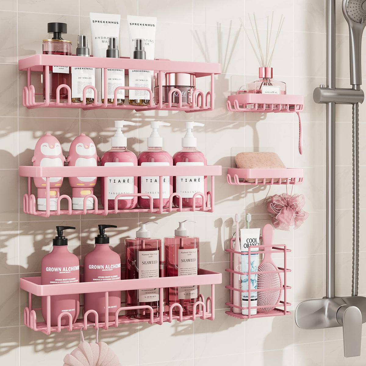 Veken large-capacity shower caddy keeps bottles organized in a compact bathroom.