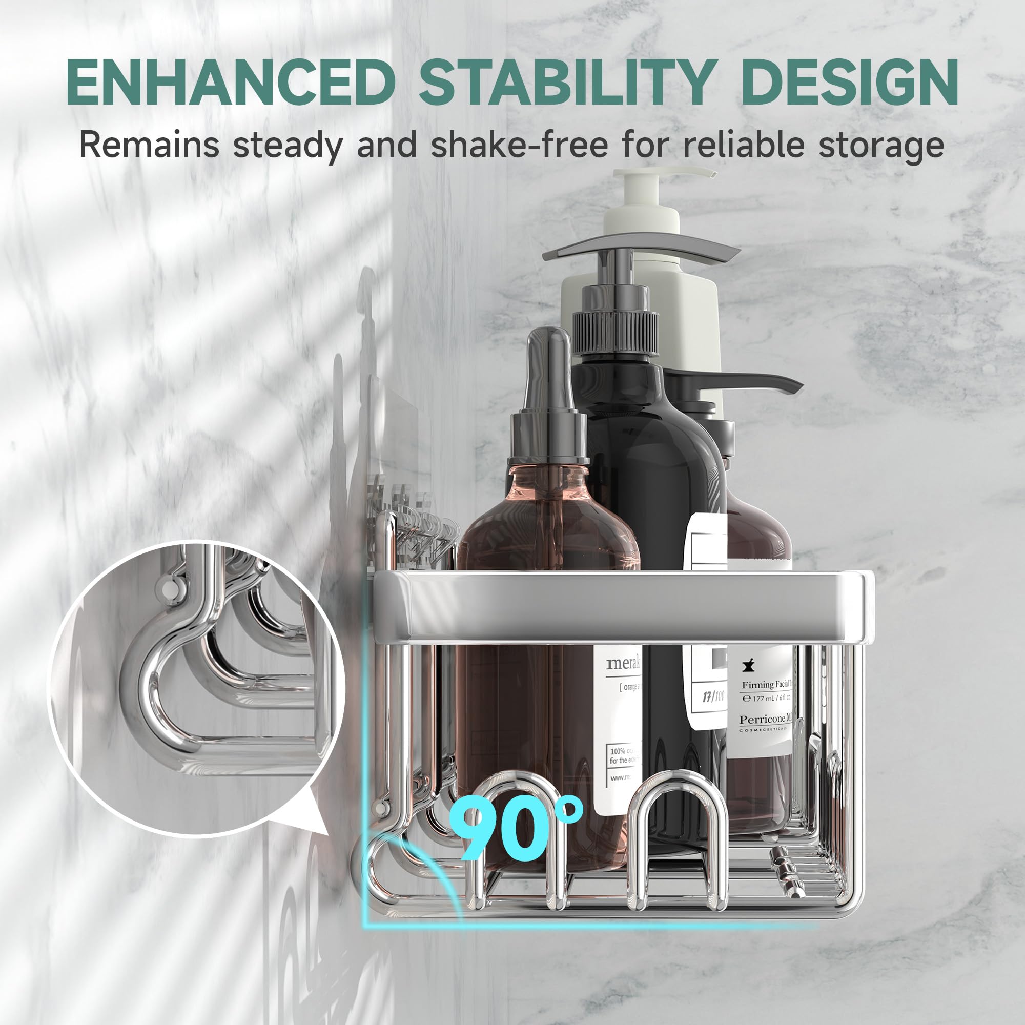 Veken wall-mounted large shower caddy provides sturdy storage.