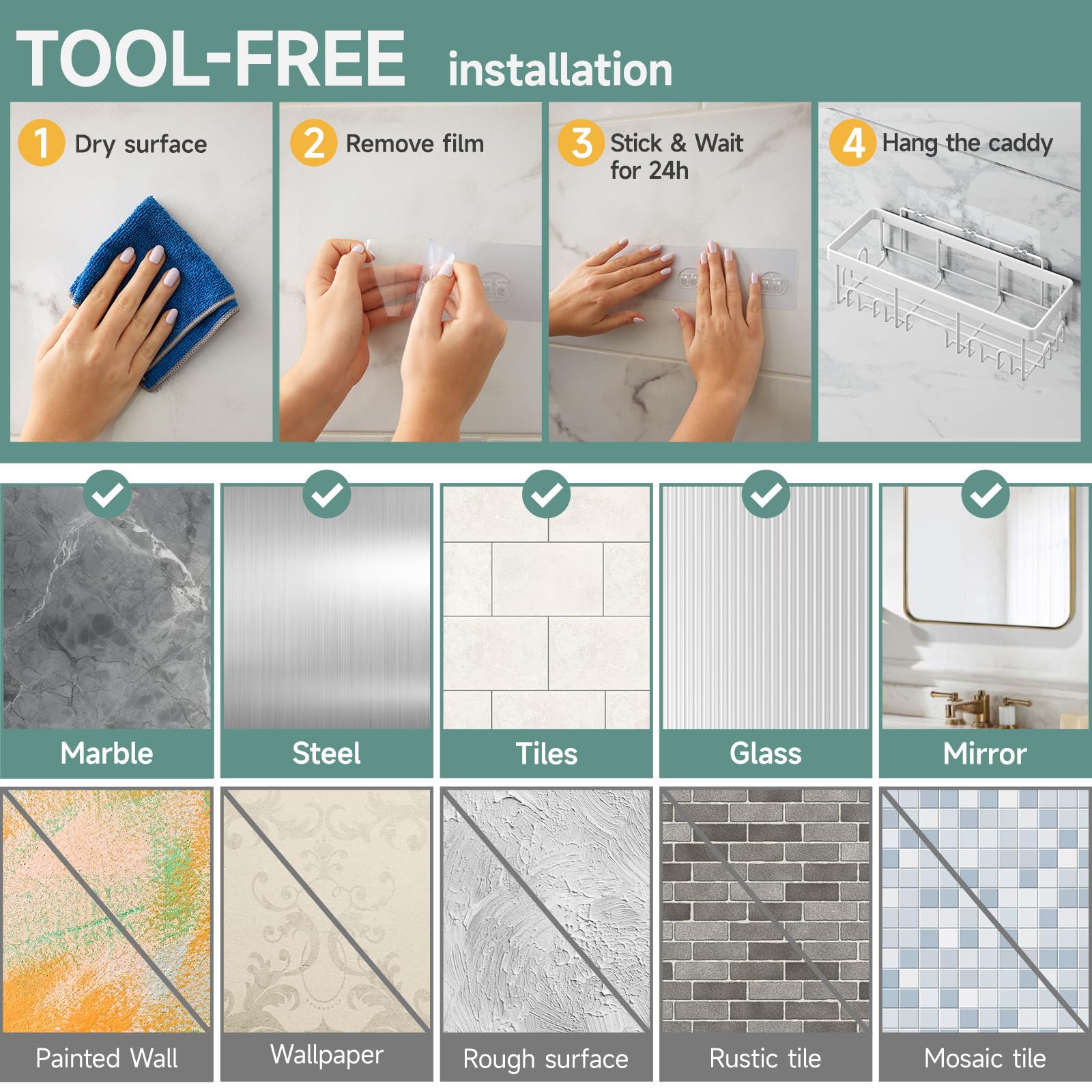 Veken waterproof design, helps keep shower storage looking fresh and dry.