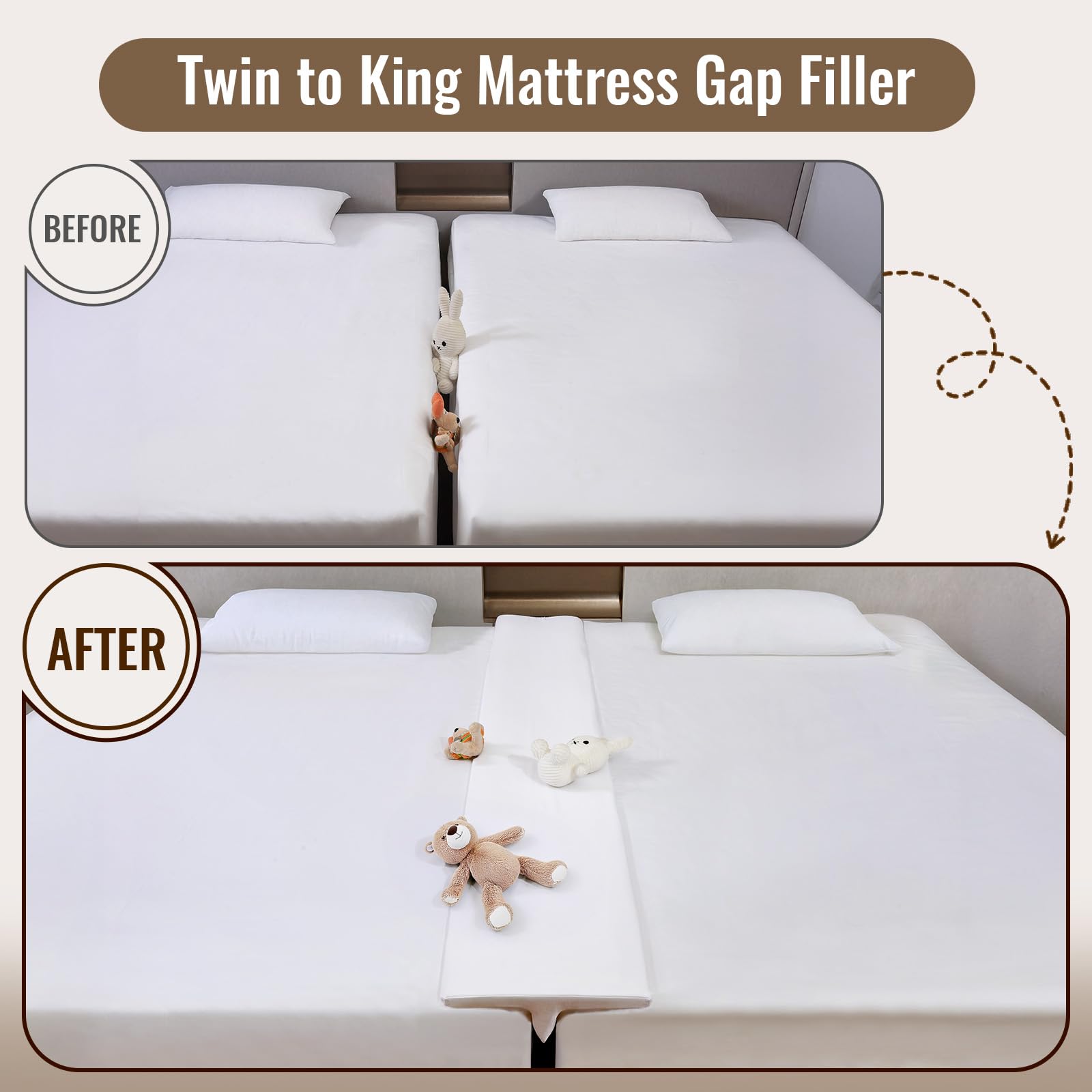 Vekkia 90-degree T-Shaped design stabilizes the split king gap overnight.