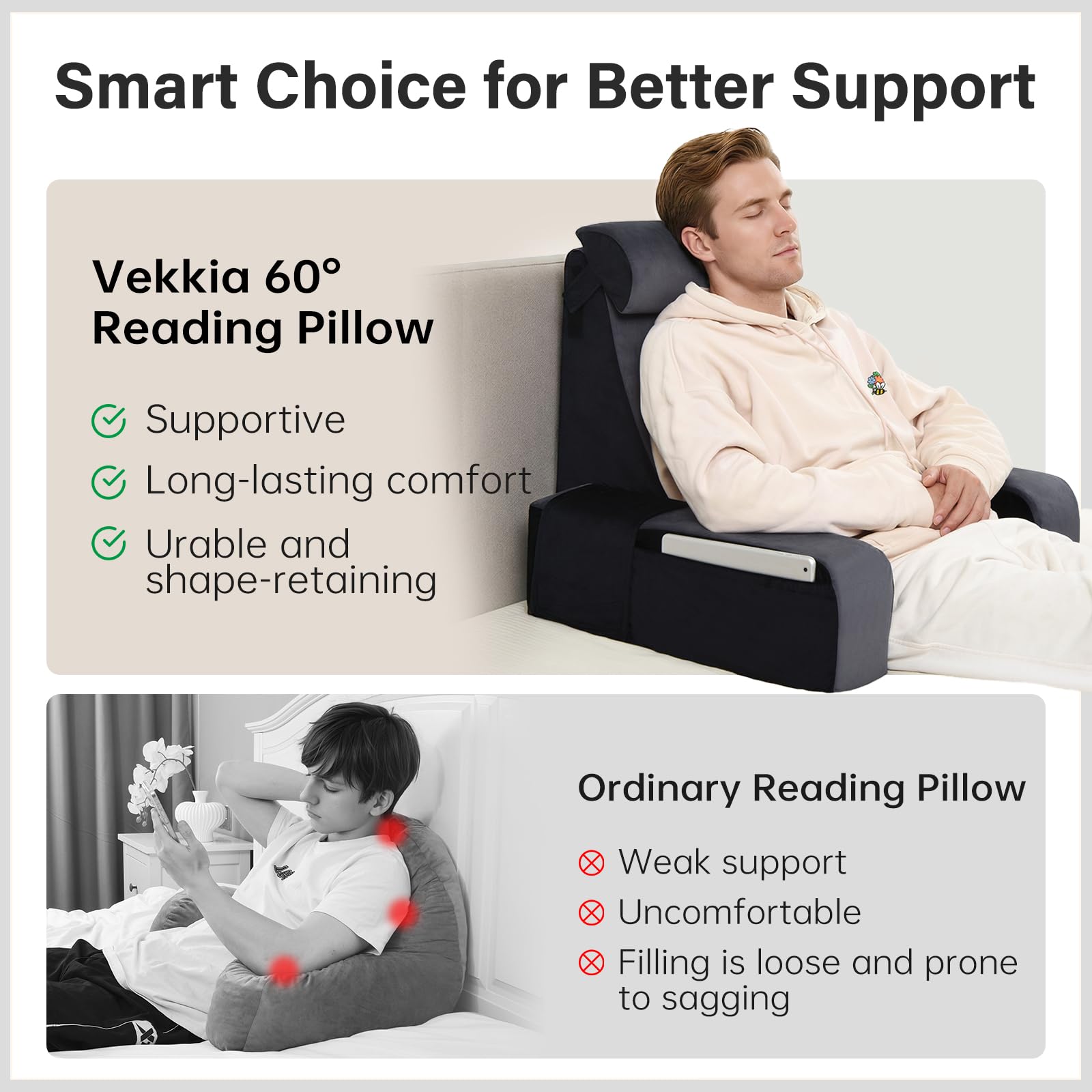 Vekkia reading pillow adjustable headrest adapts to your height for neck comfort.