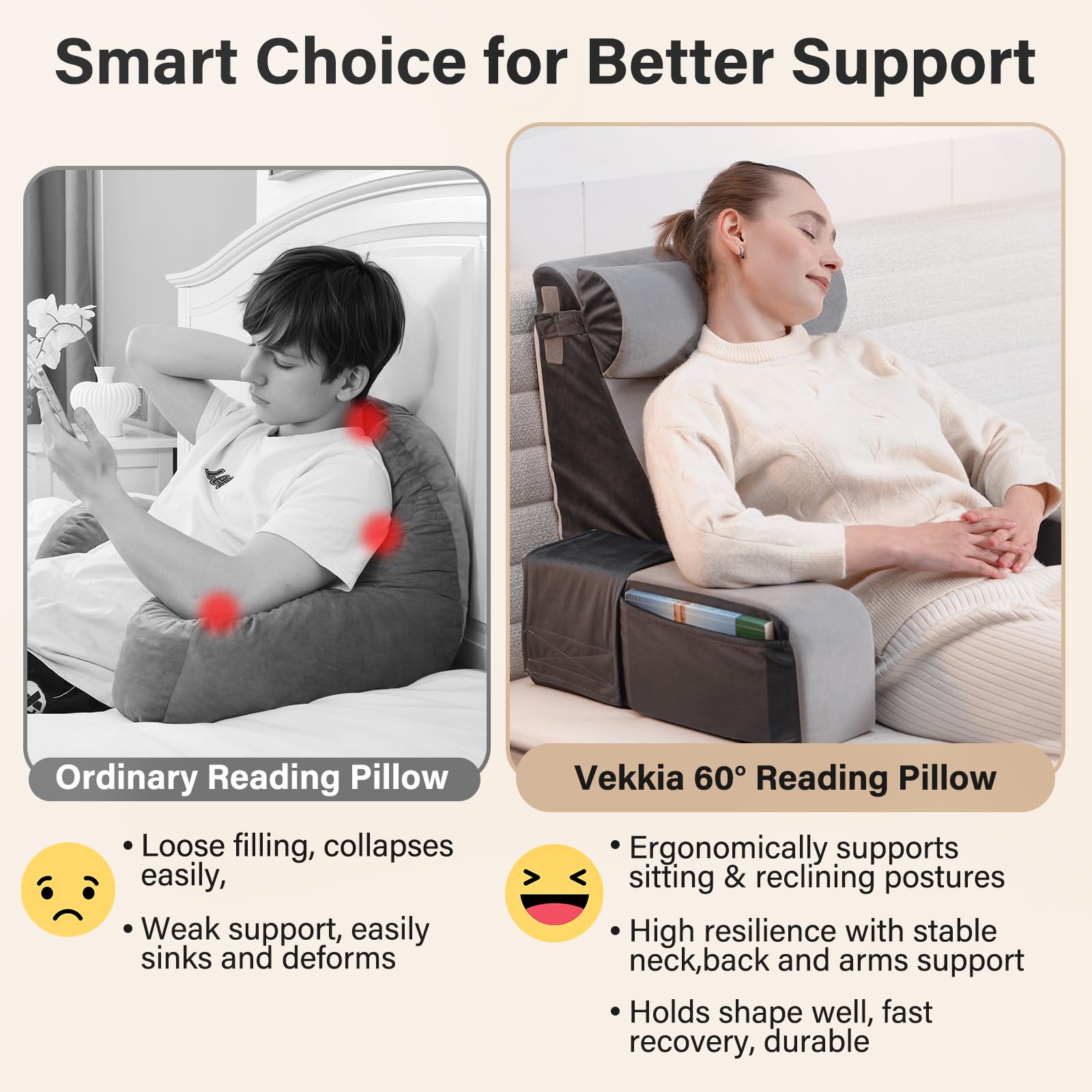 Vekkia Reading Pillow shows high-density foam structure for targeted support.