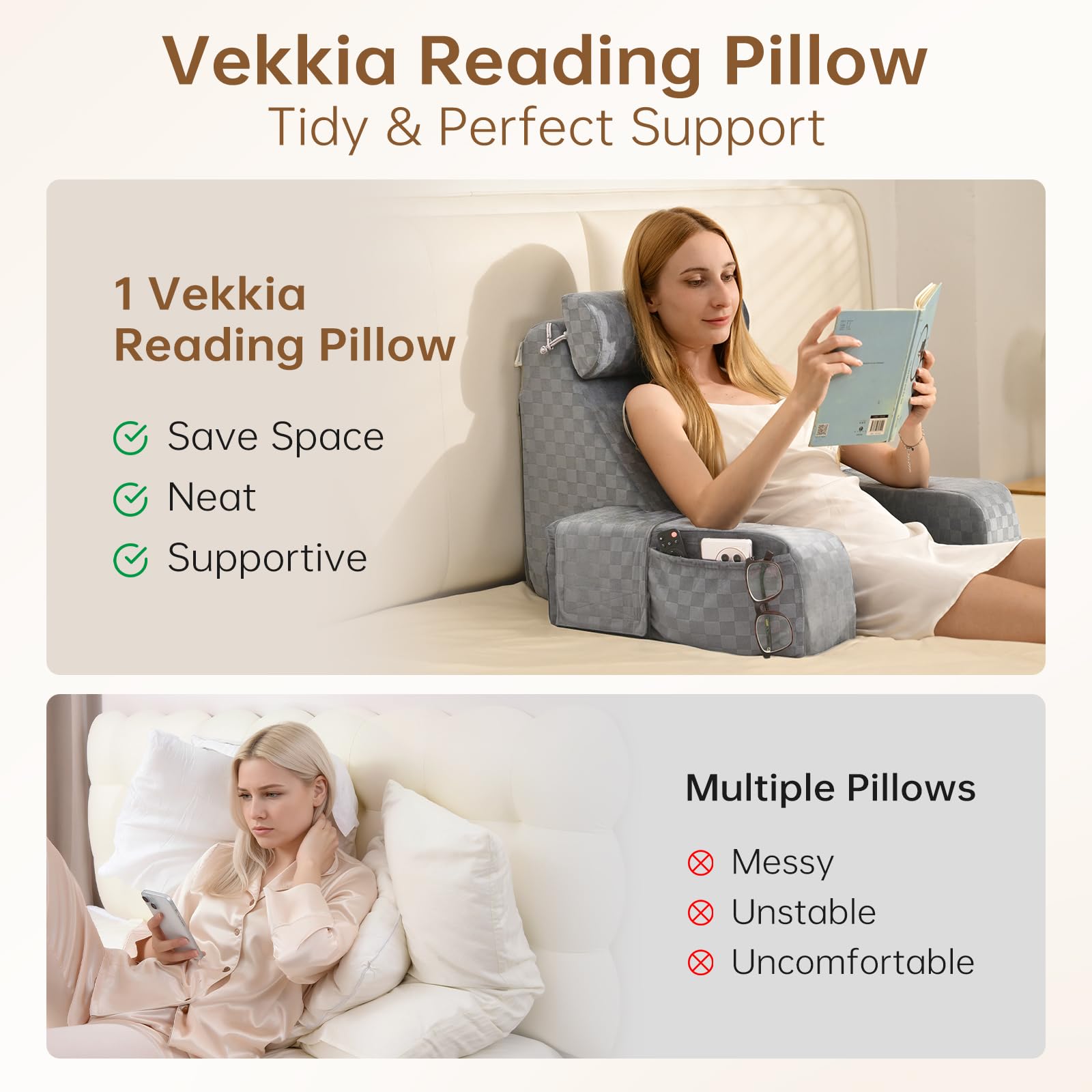 Vekkia reading pillow shown for laptop use while lounging on bed.
