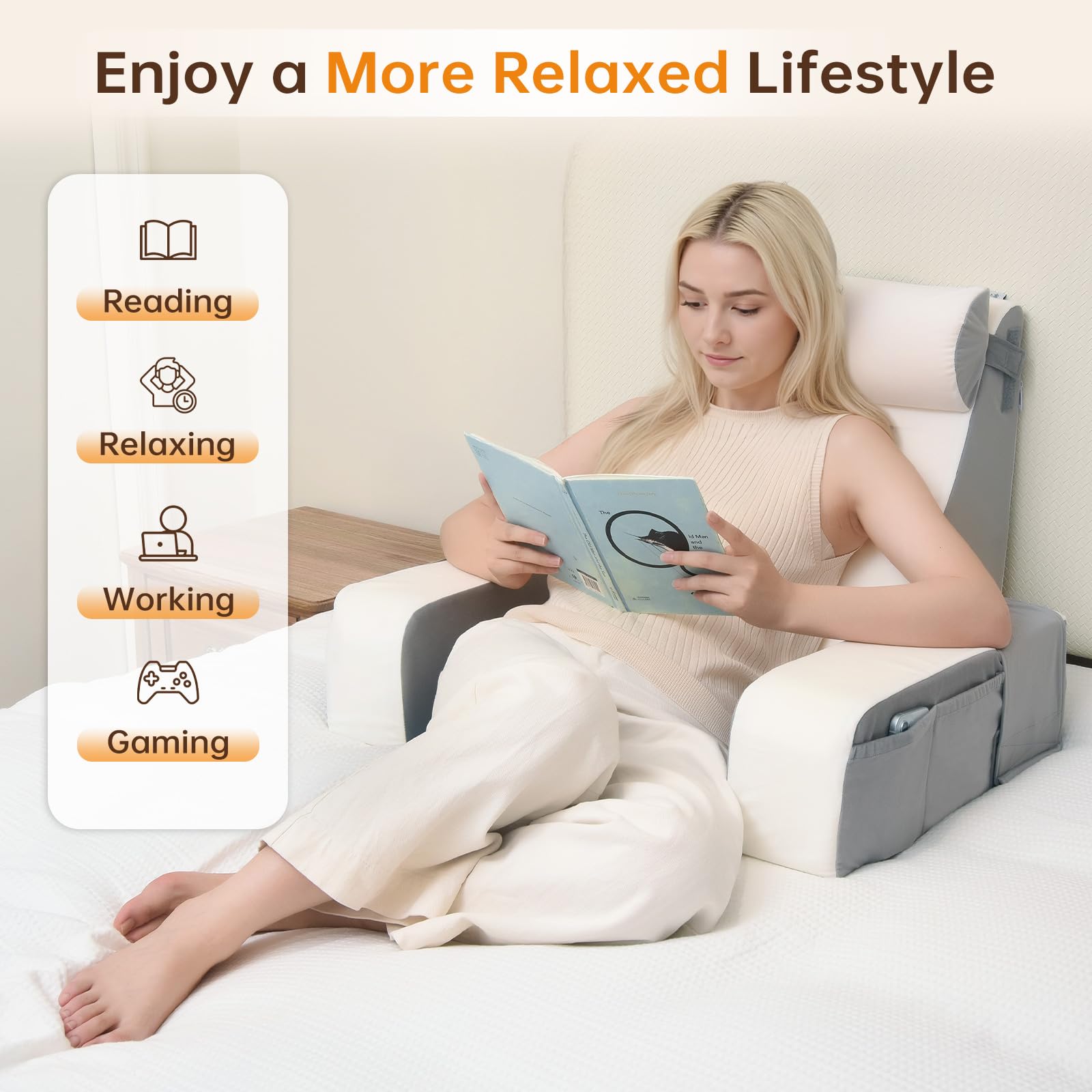Vekkia reading pillow used on bed, sofa, and floor for versatile lounging