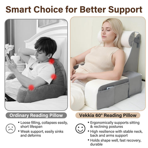 Vekkia reading pillow with XL side pockets keeps remote and book within reach