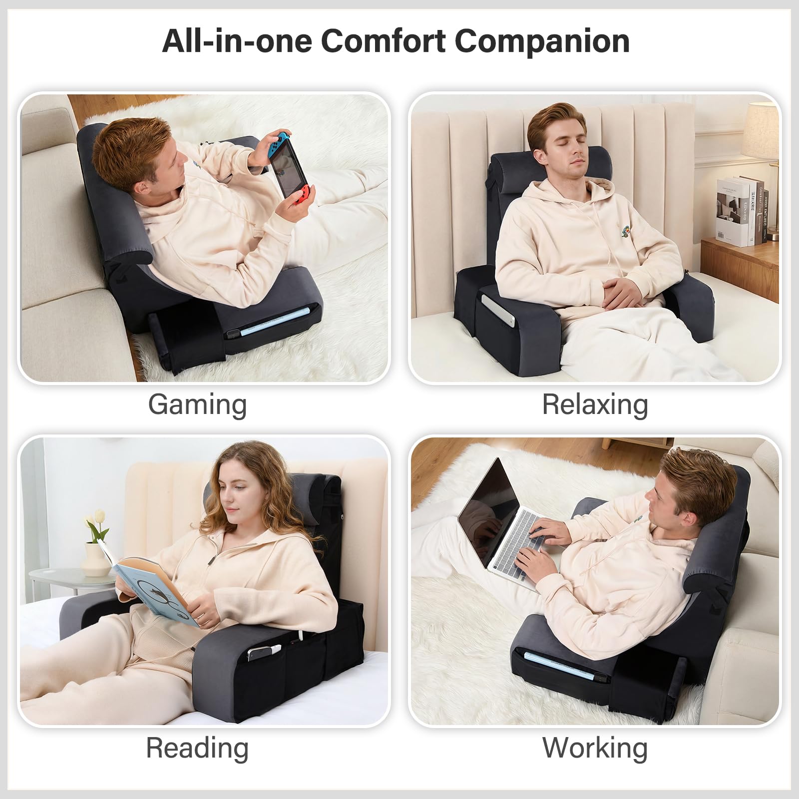 Vekkia reading pillow features extra-large side pockets for easy device access.