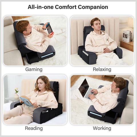 Vekkia reading pillow features extra-large side pockets for easy device access.
