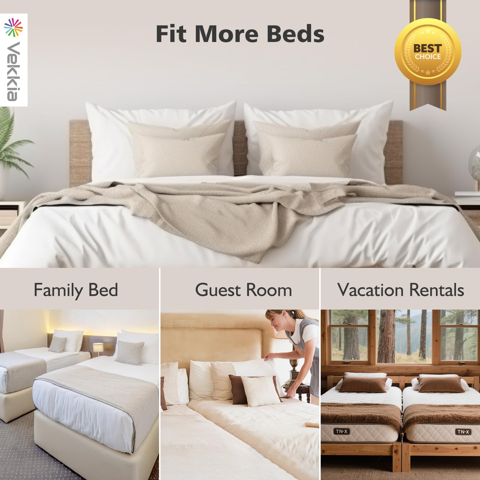 Vekkia universal compatibility supports twin, full, queen, and king sizes.