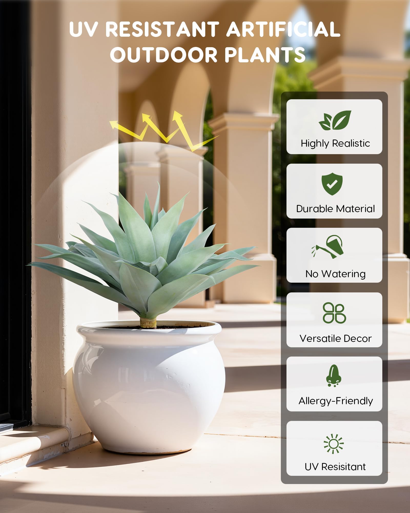 Velener durable artificial agave plant enables quick setup and versatile styling.