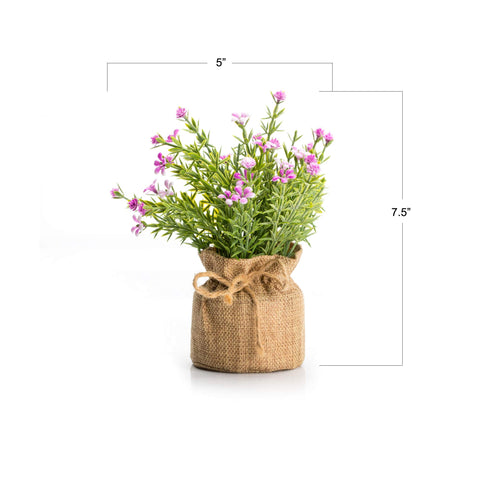 Velener Babys Breath blue burlap vase with vibrant faux blooms for desk decor.