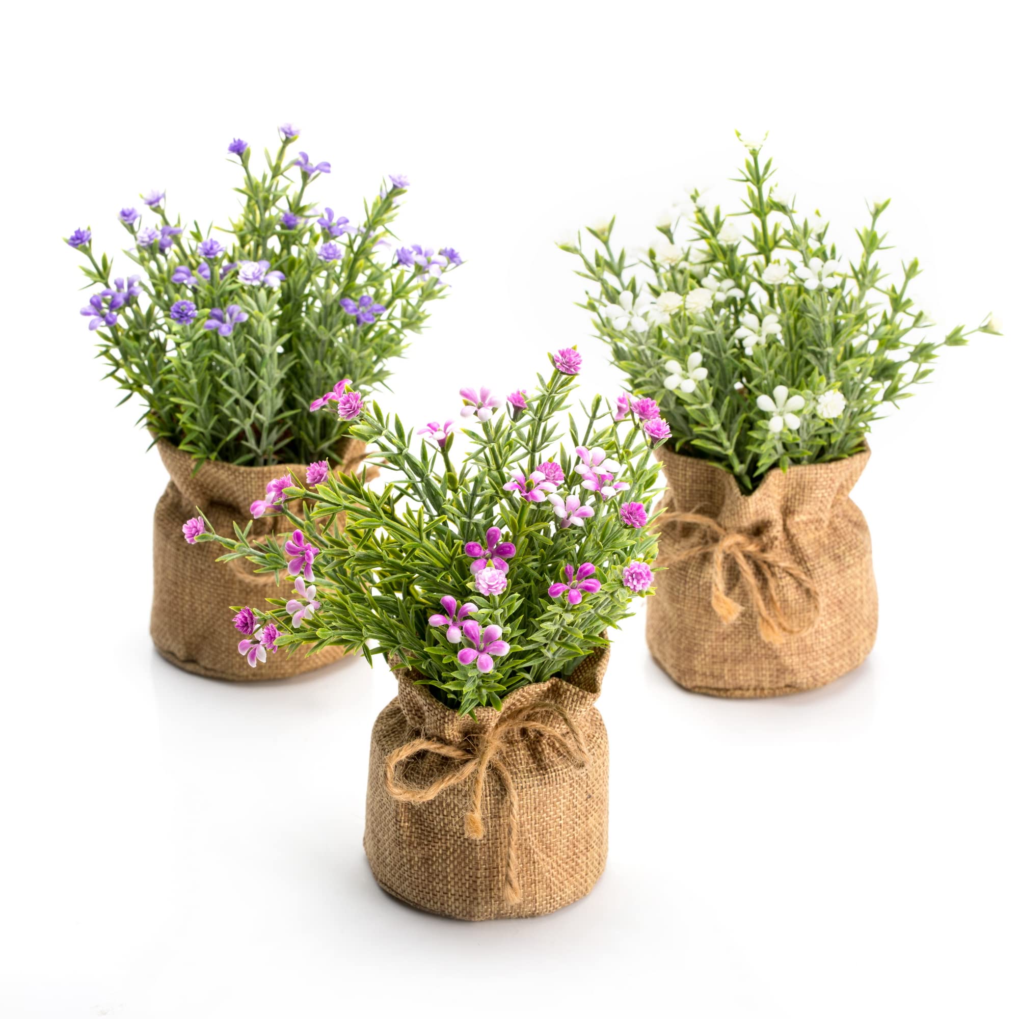Velener Babys Breath pink burlap vase with soft faux petals for cozy table decor.