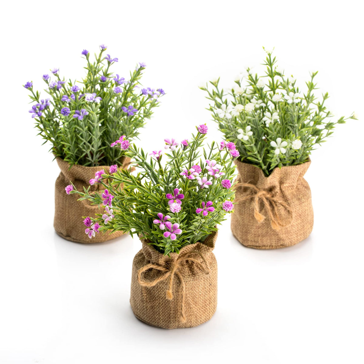 Velener Babys Breath pink burlap vase with soft faux petals for cozy table decor.