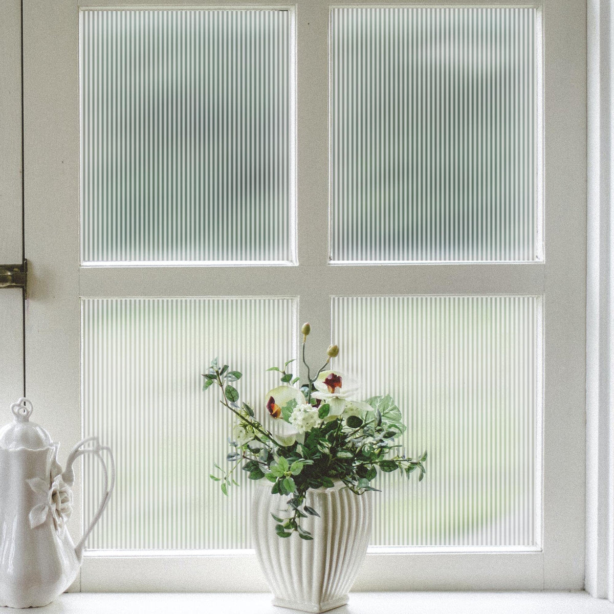 VELIMAX Reeded Glass Privacy Film close-up texture showing frosted privacy in living spaces