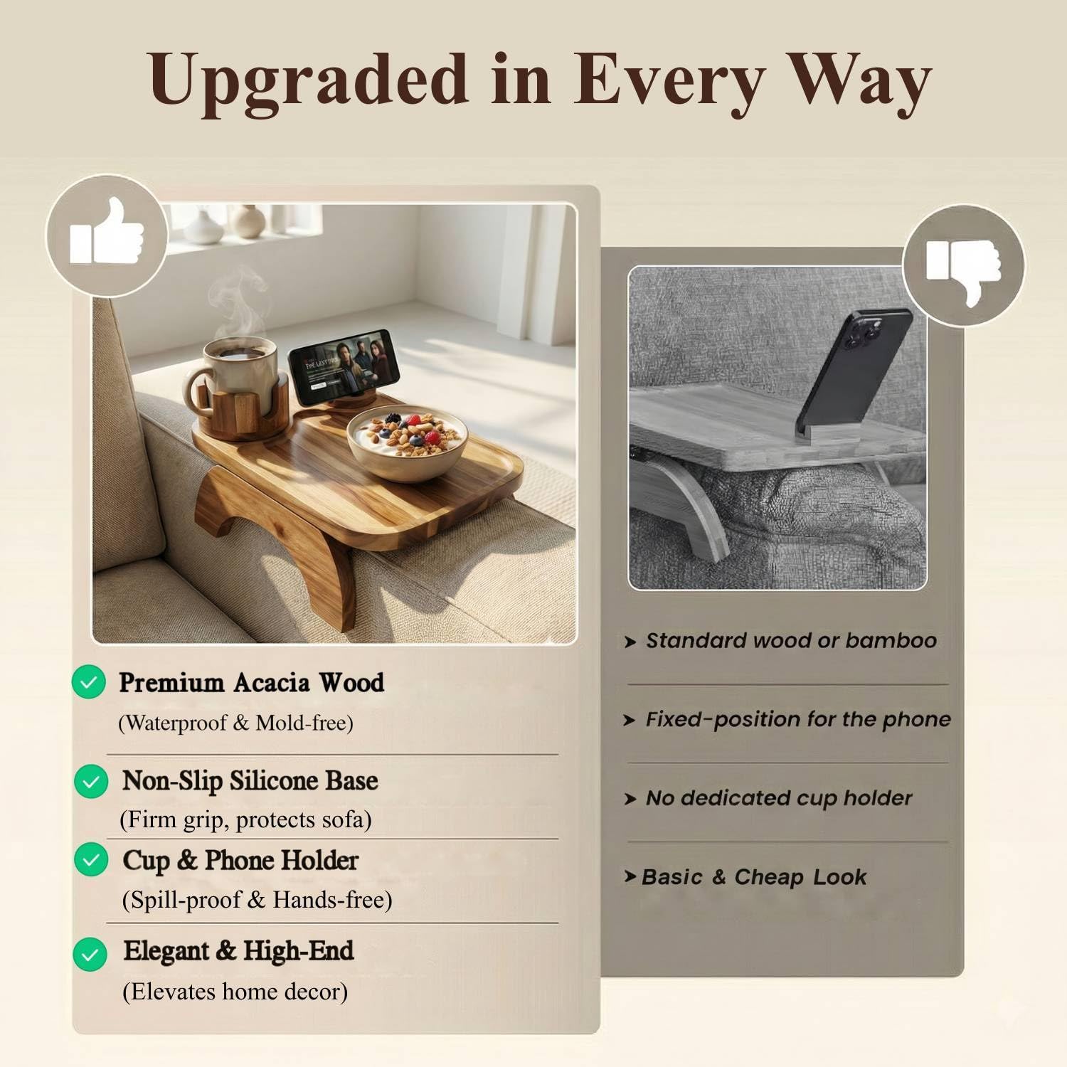Vellabliss armrest table with 360° rotating phone holder for hands-free viewing.