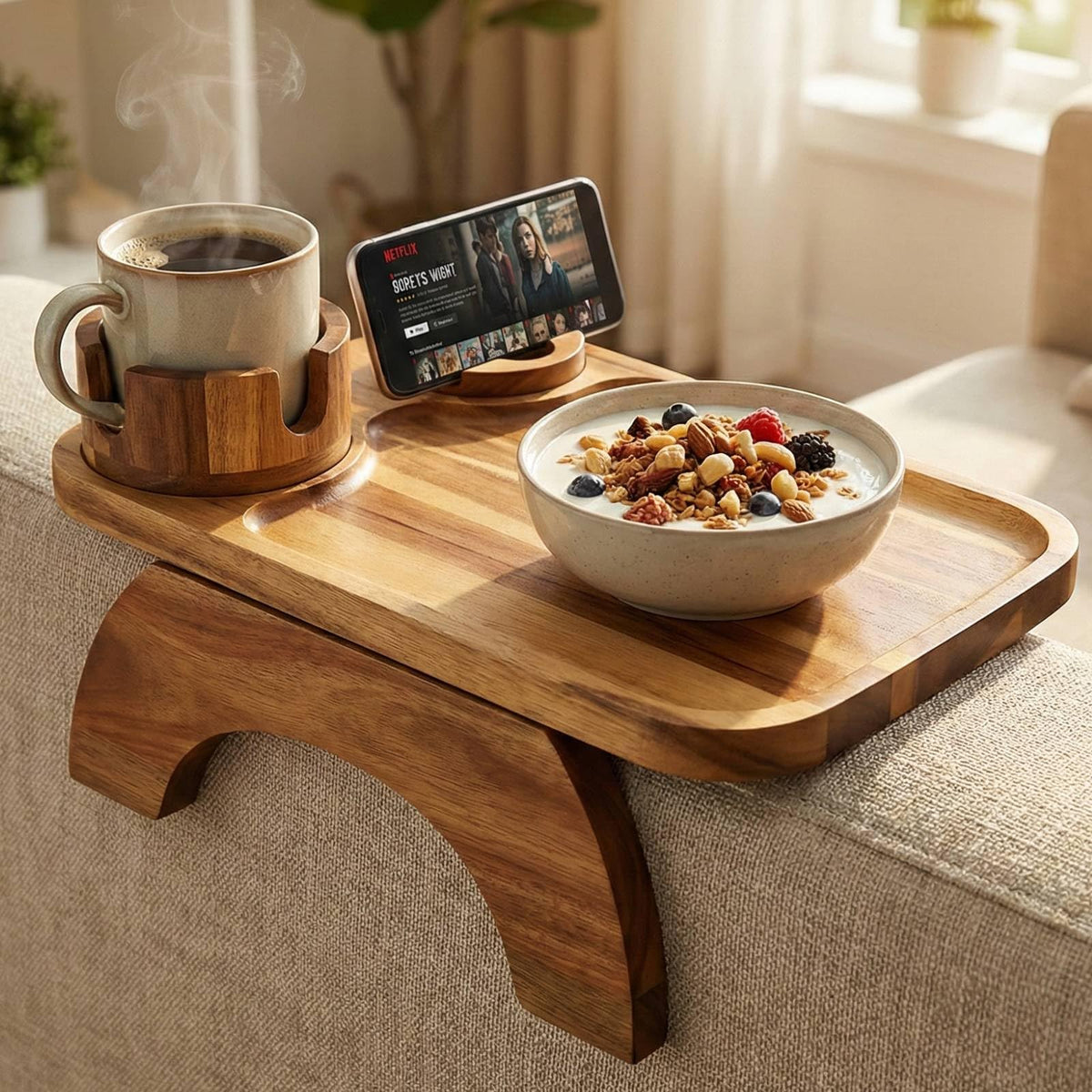 Vellabliss armrest table on acacia wood surface adds warm, convenient on-arm space.