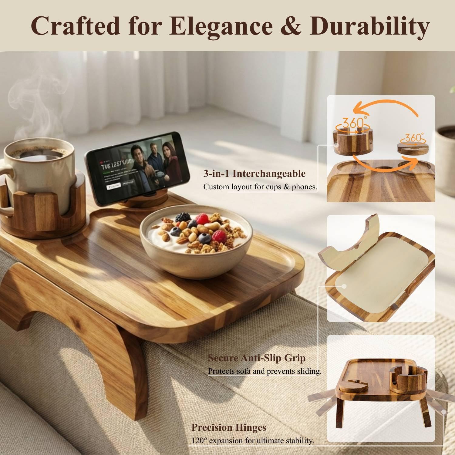 Vellabliss armrest table with anti-slip pads protects upholstery while lounging.