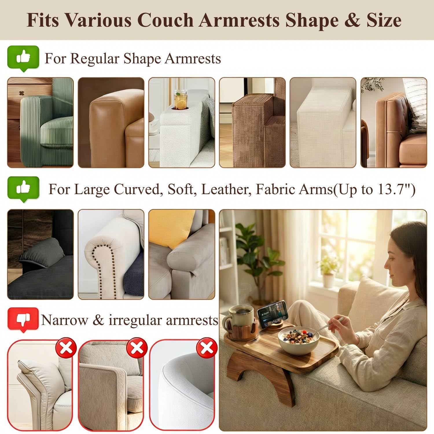 Vellabliss armrest table with foldable legs fits various couch arm widths.