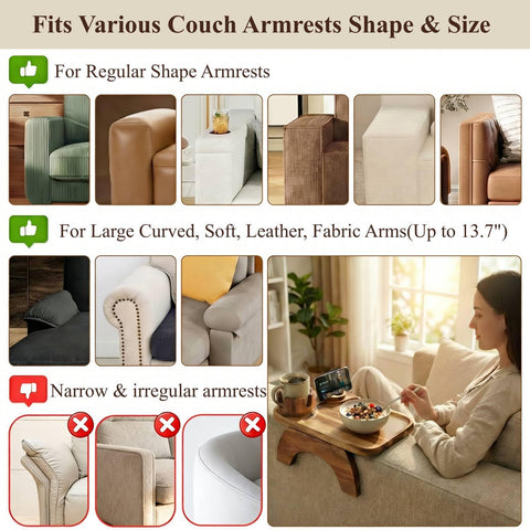 Vellabliss armrest table with foldable legs fits various couch arm widths.