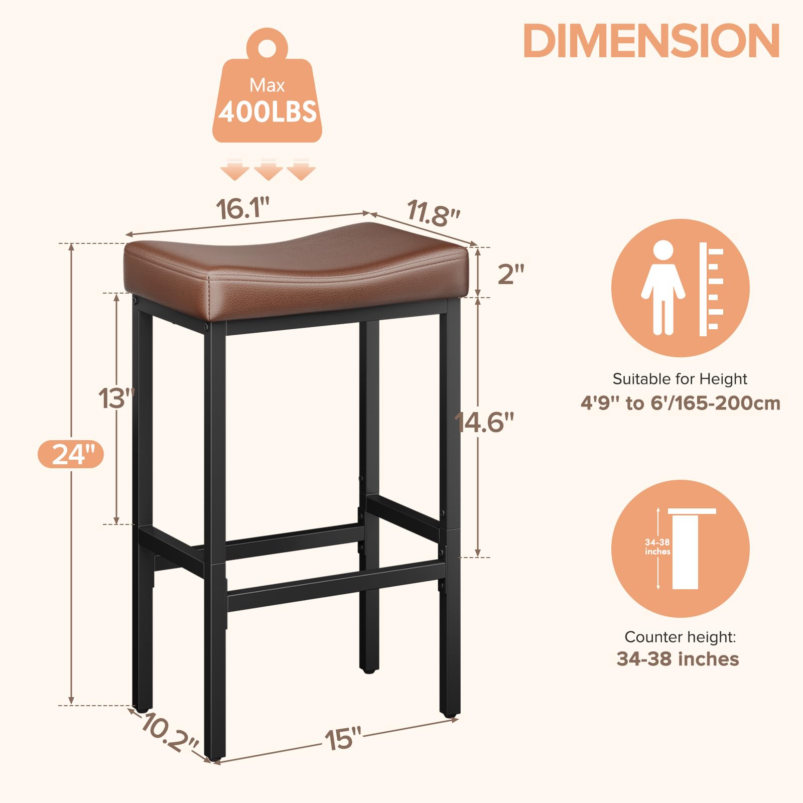Vellorise 24in counter-height bar stool, seat view highlighting saddle seat for comfort