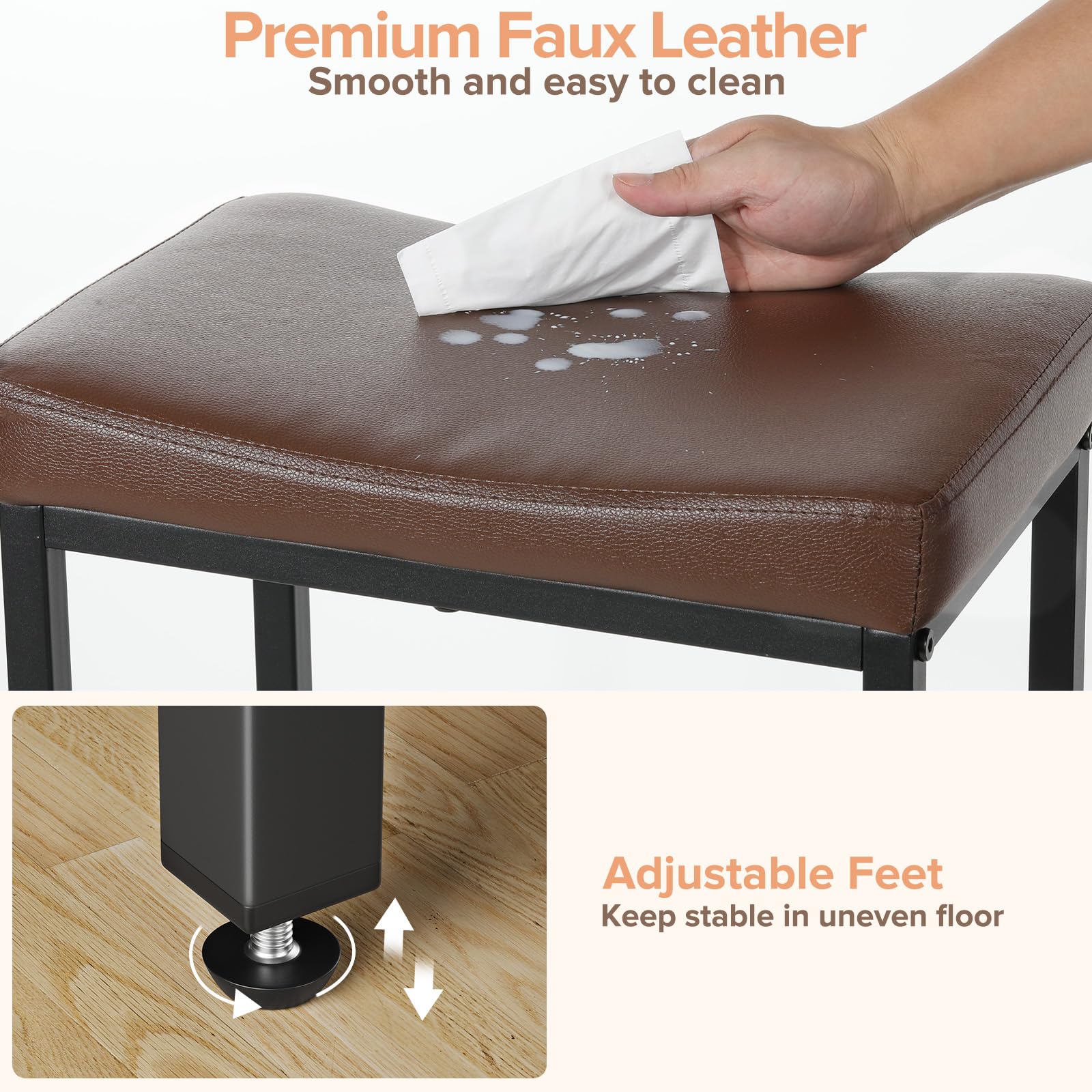Vellorise bar stool brown faux leather seat closeup, premium look