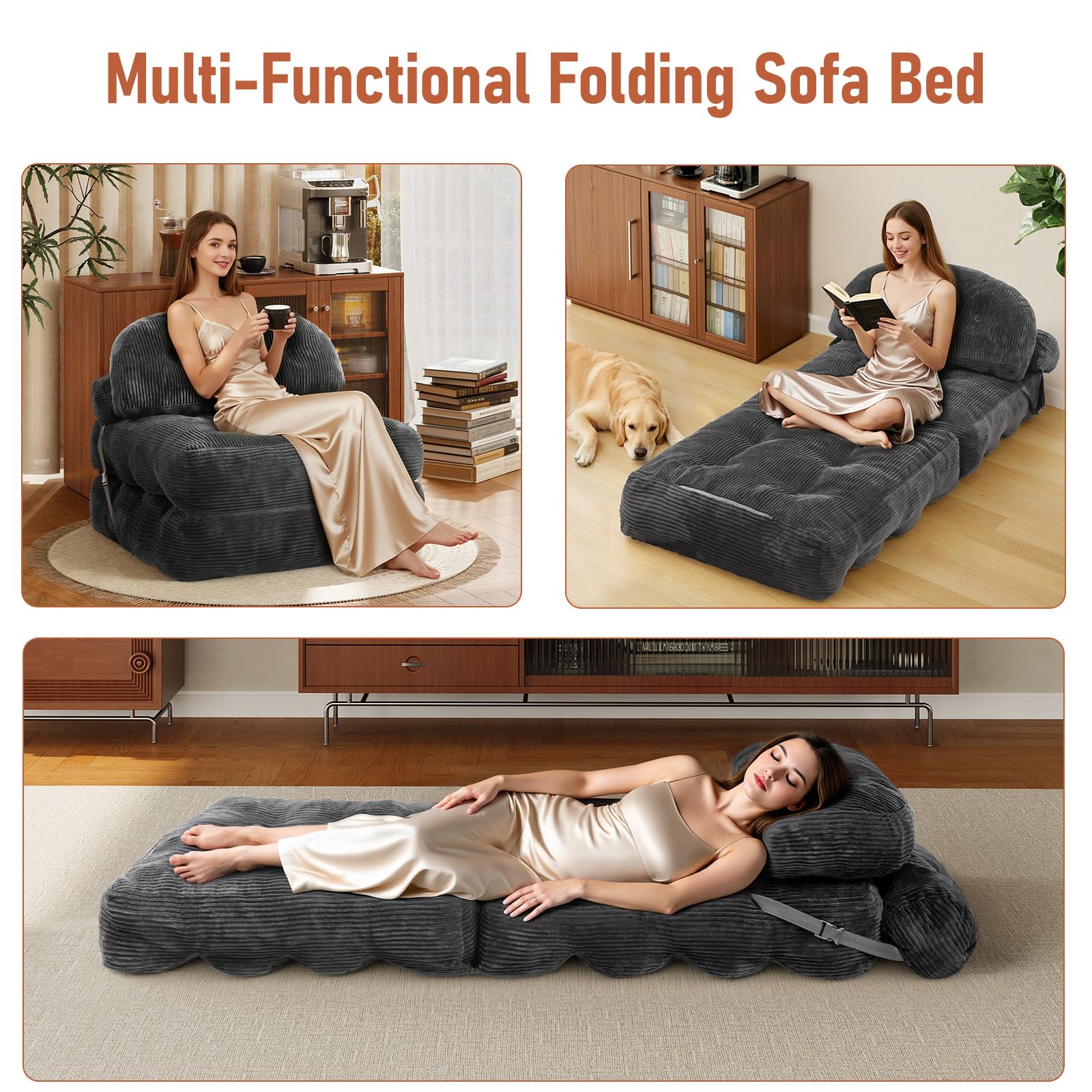Vellorise folding sofa bed with pillow, enhanced back support for lounging.