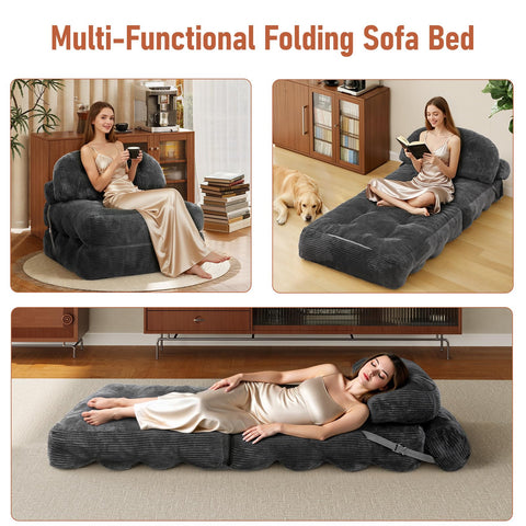 Vellorise folding sofa bed with pillow, enhanced back support for lounging.