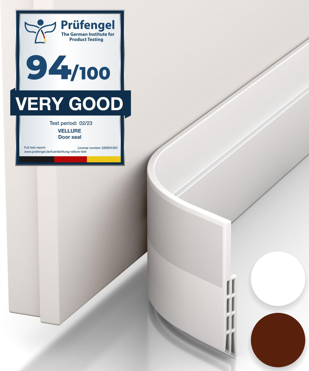 Vellure white bottom door draft stopper attached to the door edge.