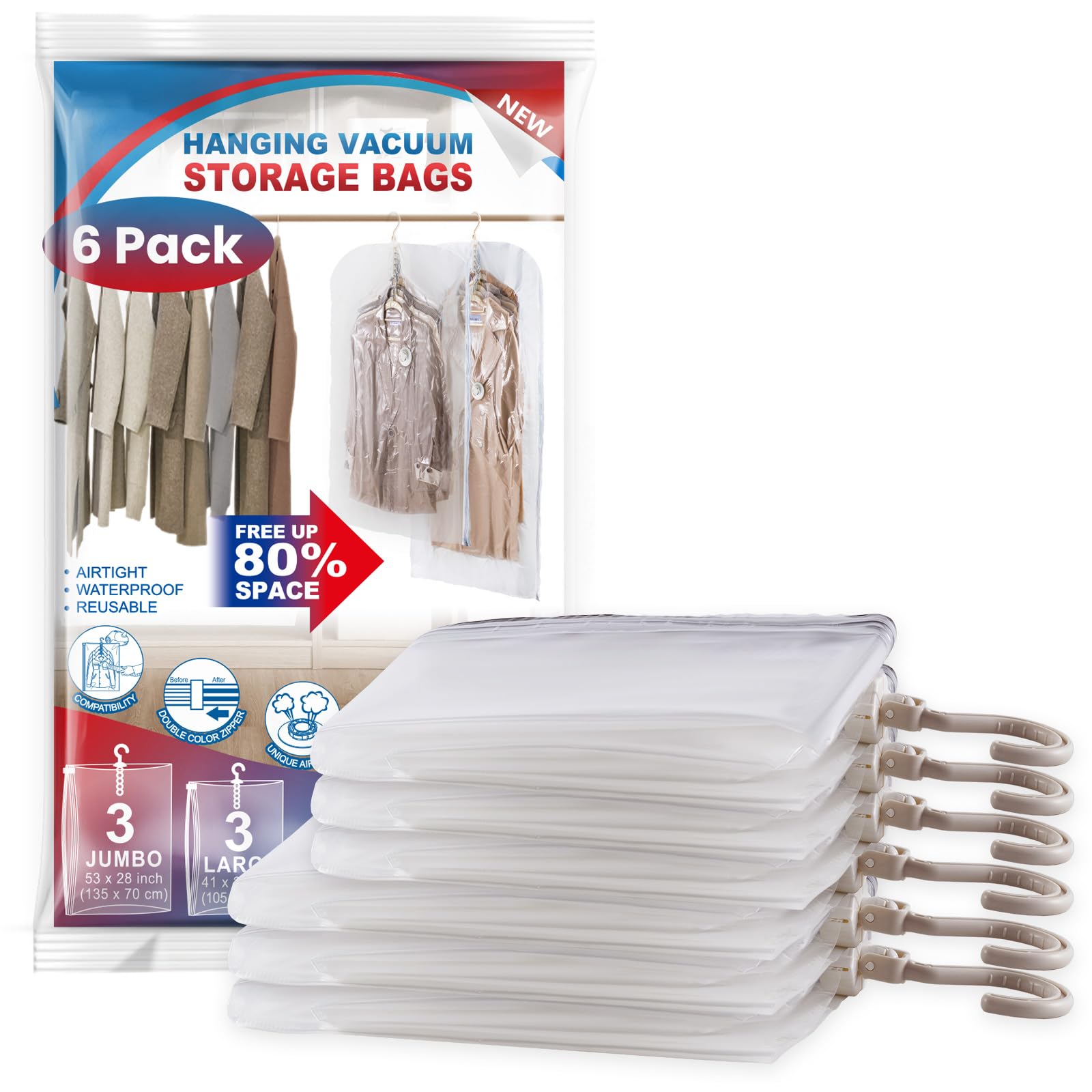 VELMADE hanging vacuum bags showing 4-5 garments per hanger ring for extra closet capacity.