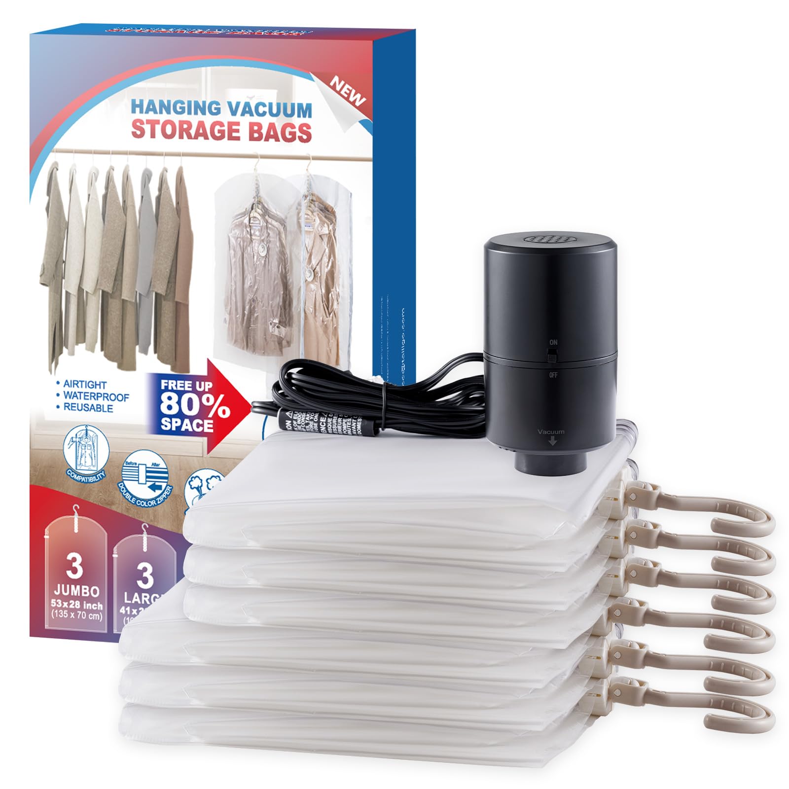 VELMADE hanging vacuum bags set with 6-pack for organized wardrobe storage