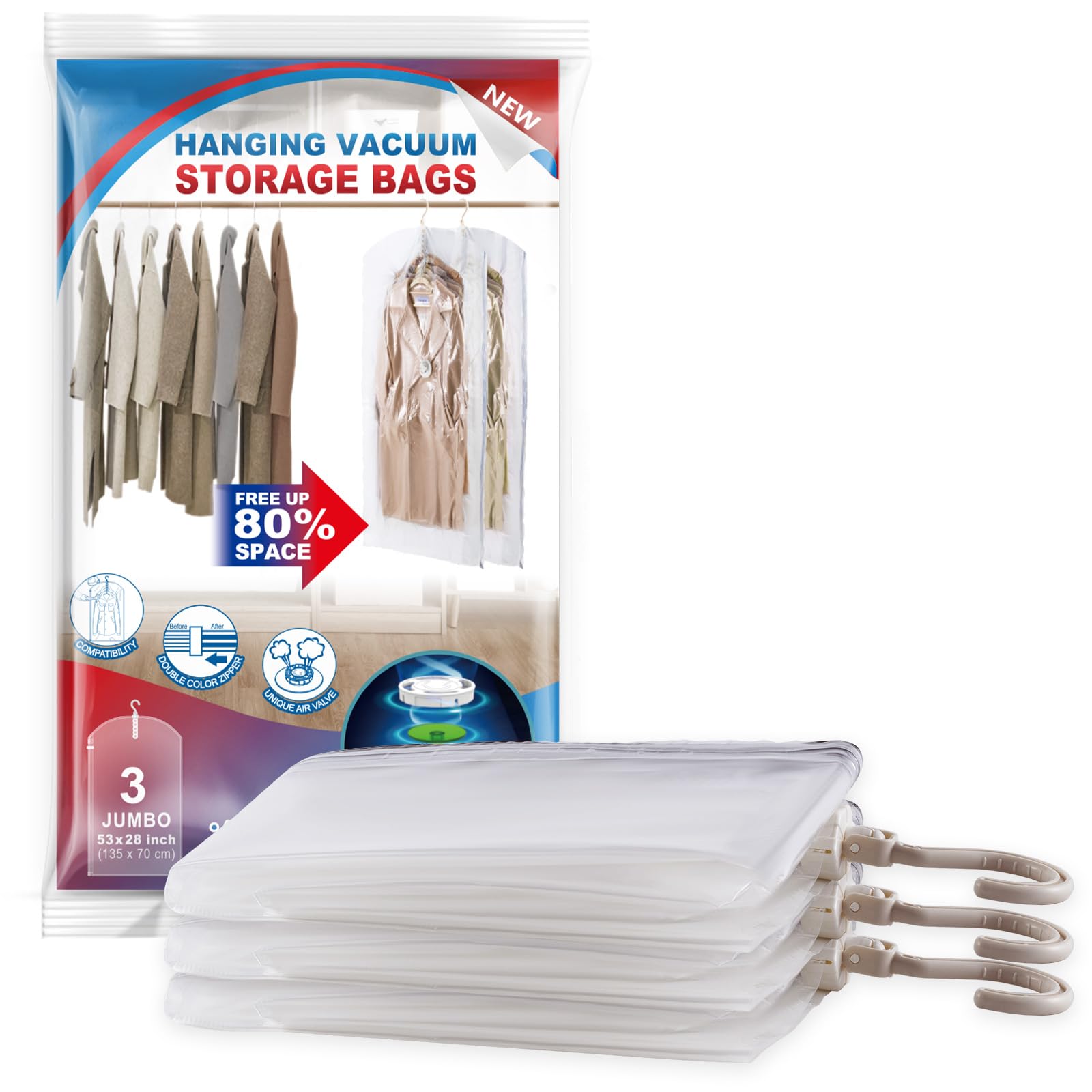 VELMADE hanging vacuum bags organize clothes and maximize closet space.