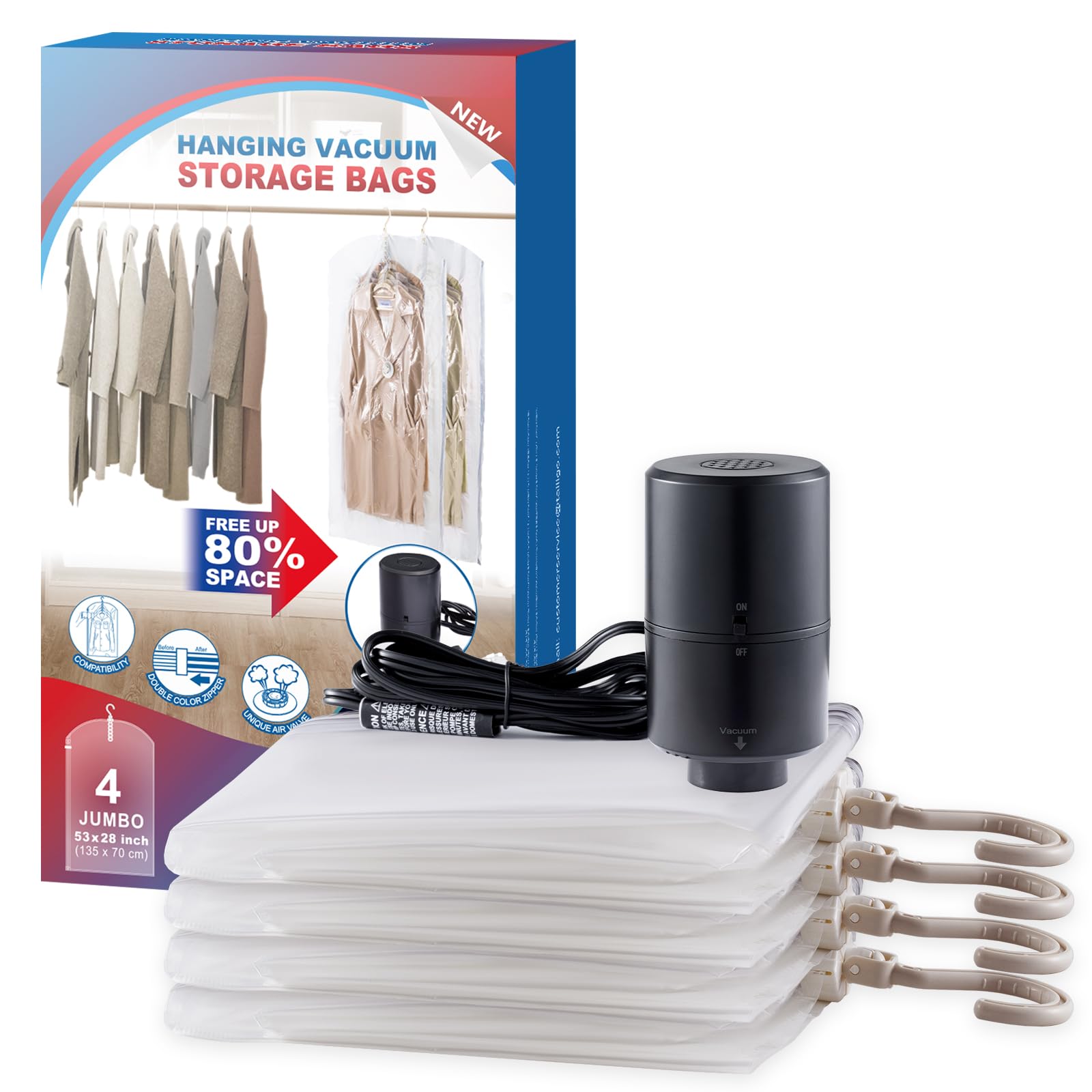 VELMADE hanging vacuum storage bags show four-pack capacity for organized garments.