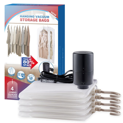 VELMADE hanging vacuum storage bags show four-pack capacity for organized garments.